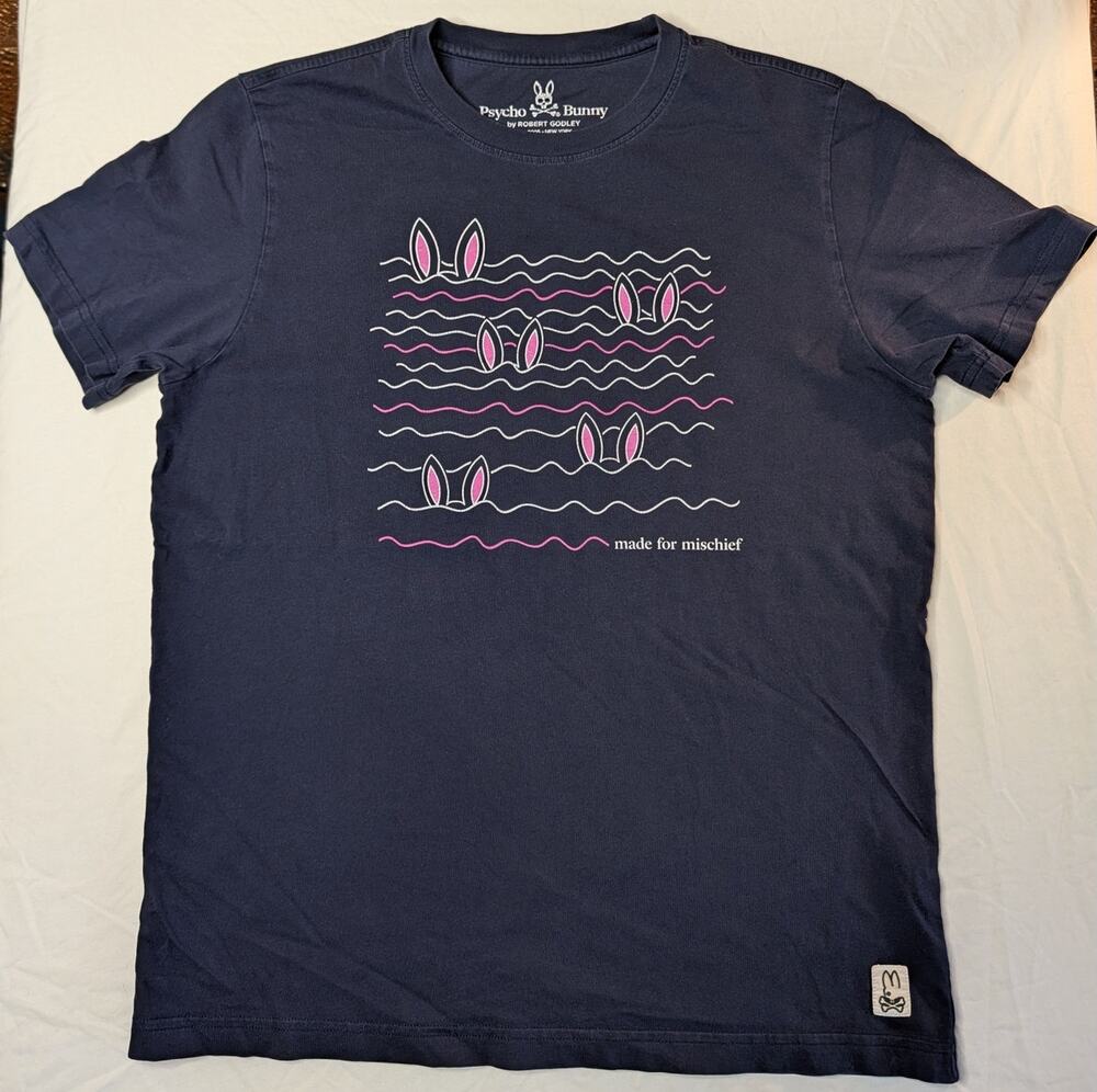 Psycho Bunny Made for Mischief Graphic TShirt Pima Cotton M Blue Pink Streetwear